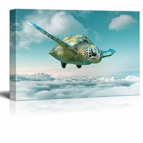 Funny Flying Animals Canvas Wall Art - Turtle Flying Above The Clouds in The Sky - Gallery Wrap Nursery Wall Decoration/Kids