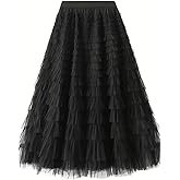 Cos2be Womens One Size Skirt Mesh Layered Hem Fluffy Multilayer Tiered Puffy Ruffles Tulle (Midi Pink)