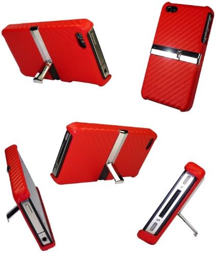 Red Cabon Fiber /w Metal Chrome Kick Stand Facbric Leather Snap on Hard Cover Shell Protector Faceplate Case for Apple Iphone 4 4G Iphone4 + Front and Back Anti-Glare Matte LCD Screen Guard Film (Free Wrist Band)