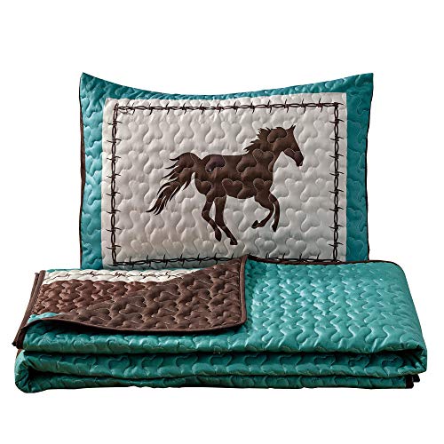WPM WORLD PRODUCTS MART Western Teal/Beige/Brown Horseshoe, Horse, Barb Wire Cowboy Print Bedspread 3 Piece Southwestern Cabin Lodge Design Coverlet Quilt Set- JENA (Queen) - Thumbnail 5