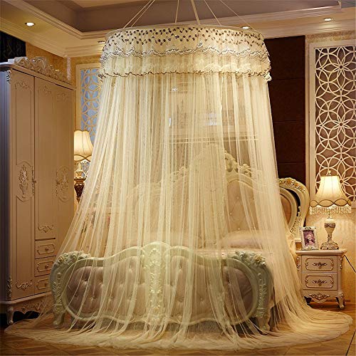 Mosquito net Luxury Princess Pastoral Lace Bed Canopy Net Crib, Round Hoop Princess Girl Pastoral Lace Bed Canopy Mosquito Net Fit Crib Twin Full Queen Extra large Bed 53in large diameter ,Beige - Thumbnail 6
