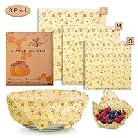 Sunnyac Reusable Beeswax Wrap, 3 Pack Eco-Friendly Food Storage Wraps, Sustainable, Biodegradable Bees Wax Cheese Wrapper and Bowl Covers to Keep Sandwiches, Fruit, Veggies Fresher (Bee)