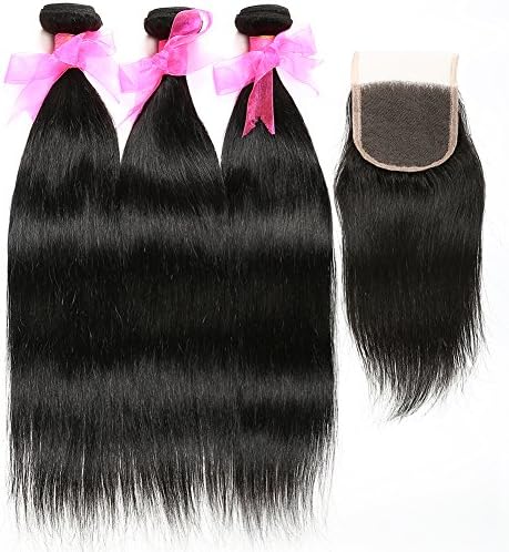 Ivalue Brazilian Virgin Hair Silky Straight 3 Bundles 16 18 20 inch with 14 inch Lace closure 100% Unprocessed Brazilian Human Hair Weave Remy Hair Extension Weft Natural Color