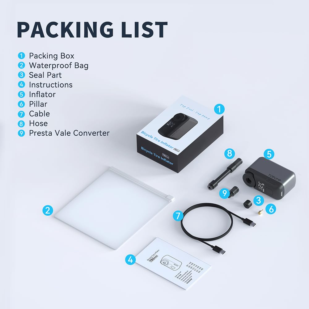 TOPUMP Mini Fahrradpumpe, Elektrische Fahrradluftpumpe mit Manometer, Ultrakleine 120PSI Akku Fahrradpumpe mit Presta und Schrader-Ventil, Auto Stopp, für Rennrad, Mountainbike und Stadtrad 8