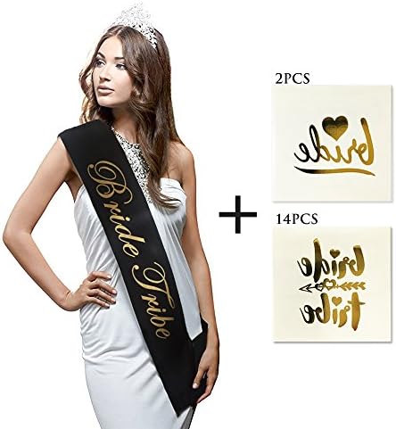 33" x 4" - "Bride Tribe" Black and Gold Glitter Satin Sash and 16pcs Golden Tattoo Sticker