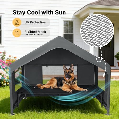 Veehoo Extra Large Dog House Outdoor with Elevated Dog Bed, Outside Dog Tent, Weatherproof Dog Shade Shelter and Raised Bed Combo for Pets or Stray Animals, Grey, 124L x 124W x 99H cm