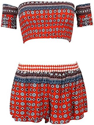 Qoinnati Persun Women's Tile Print Off Shoulder Crop Top With Elastic Waist Shorts Red Large