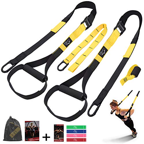 Bodyweight Resistance Training Pull up Straps, Complete Fitness Trainer kit Included Door Anchor, Extension Strap, 16 Week Program, Fitness Guide, 4 Exercise Loop Bands, Home Gym & Outdoor Workouts