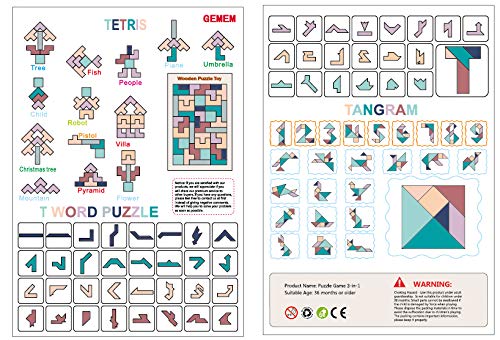 GEMEM 3 in 1 Wooden Tetris Puzzle Brain Teasers Toy Tangram Blocks T Jigsaw Game Intelligence Educational Toys for Children and Adults 51 Pieces