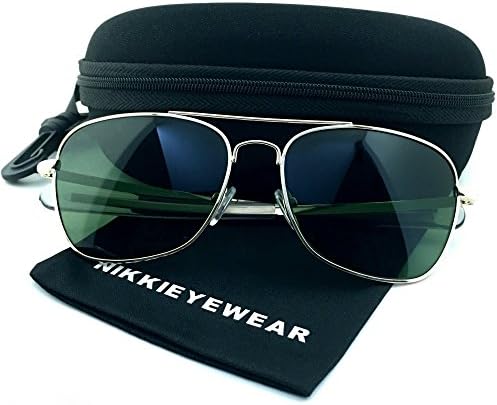 NIKKIEYEWEAR - Classic Aviator Pilot Sunglasses Glass Lens with Paddle Temples Color: Gold Frame - Green Lens
