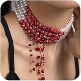 Blood Drop Pearls Necklaces Gothic Dripping Blood Pearls Choker Bleeding Pearl Necklaces Punk Halloween Vampire Cosplay Costume Jewelry for Women