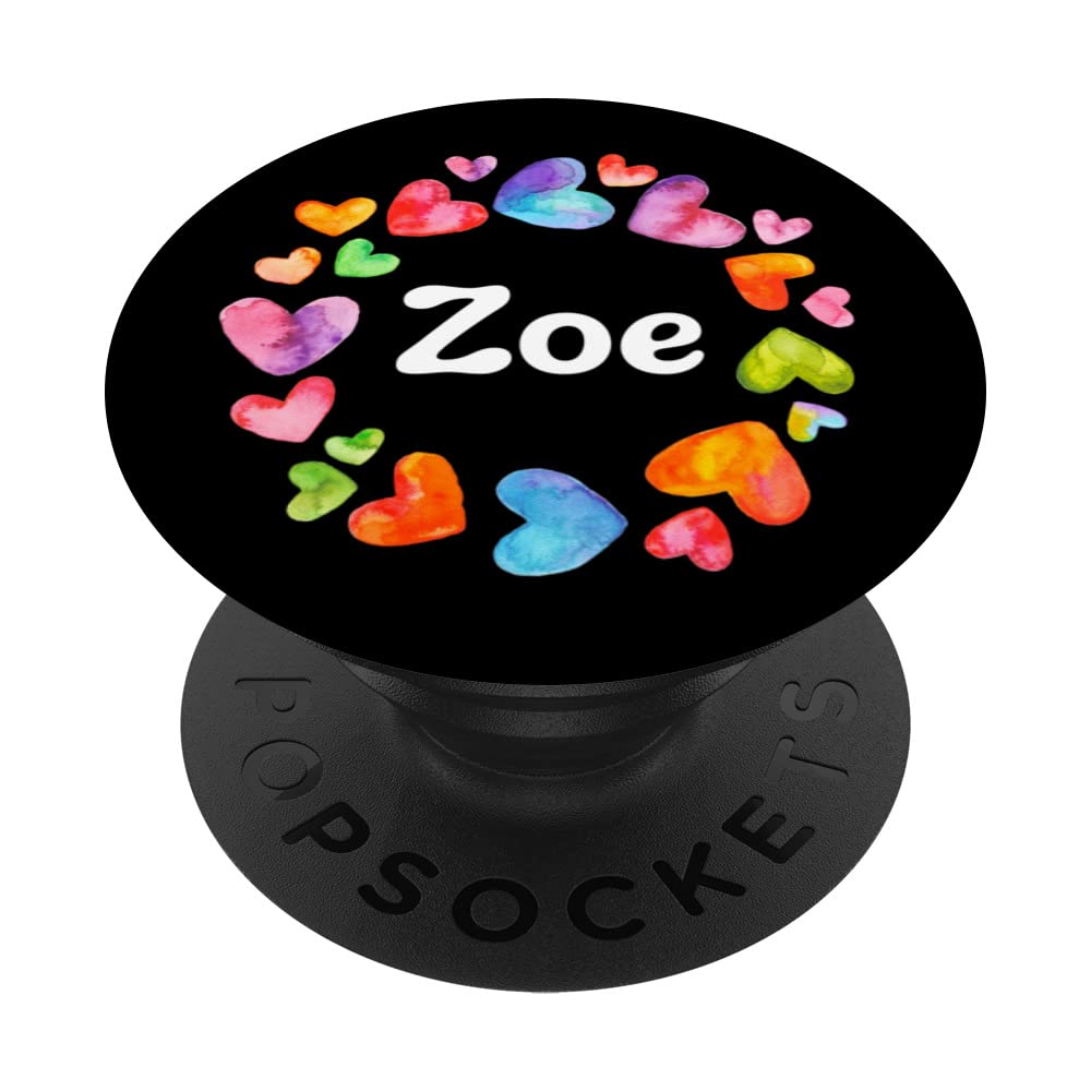 Zoe Name Personalized Rainbow Hearts Valentine's Day Cute PopSockets Swappable PopGrip