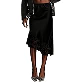 ABINGOO Women Satin Asymmetrical Midi Skirt Elastic High Waist Elegant Long Slip Skirts with Lace Trim