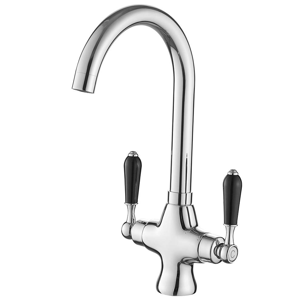 Heable Modern Kitchen Mixer Tap Black Ceramic Dual Lever Monobloc Swivel Spout Chrome Kitchen Sink Taps with UK Standard Fittings