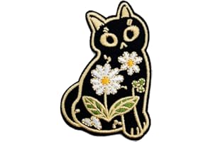 Obokata Iron On Embroidered Patches, Flower Cat Patch, Black Cartoon Cute Cat Sew On Emblem Applique DIY Accessories for Vest Jackets, Clothes, Shirts, Hats, Backbags, Pants, Clothing & Jeans.