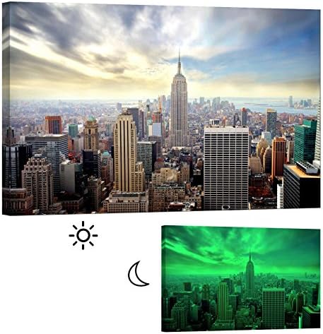 Glow in the Dark Canvas Painting - Stretched and Framed Giclee Wall Art Print - City Urban Decor Empire State Building - Master Bedroom Living Room Decor - 46 x 32 inch