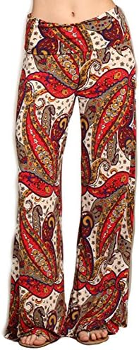 Womens Paisley Print Red Multi Colored Wide Leg Fold Over Palazzo Pants (Large)