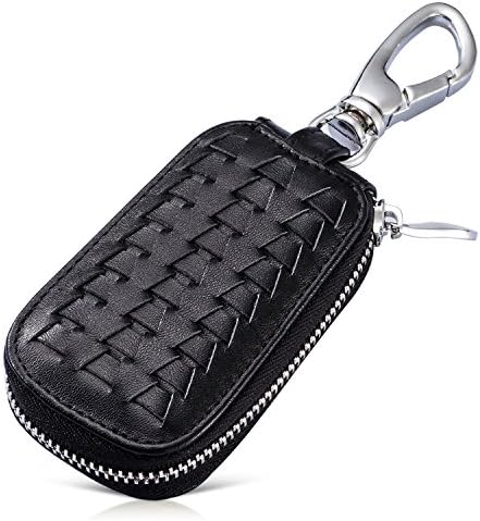 SLDHR Car Key Chain Bag Key Chains Genuine Leather Smart Key Chain Coin Holder Case Bag Metal Hook and Keyring Zipper Bag for Remote Key Fob (Black)