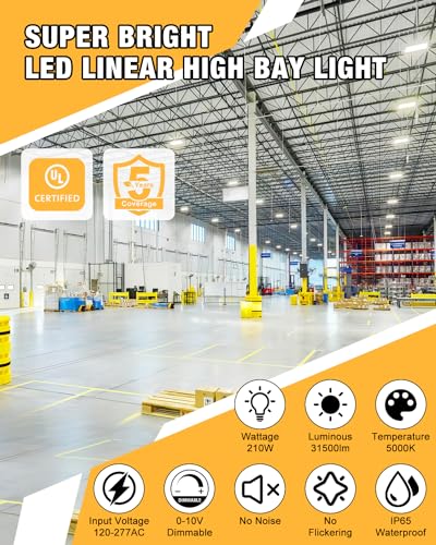 JC-LGL LED Linear High Bay Light, 210W High Bay Shop Lights Fixture, Compatible with Industrial 120-277V, 31500LM Linear High Bay Light for Shop Garage Warehouse, UL Complied, 4 Pack, White