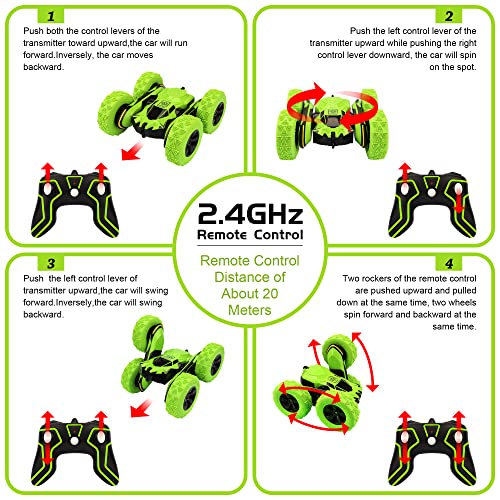 Remote Control Car, AEROQUEST RC Cars Stunt Car Toy, 4WD 2.4Ghz Double Sided 360° Rotating RC Car with Headlights, Kids Xmas Gift Toy Cars for Boys/Girls Ages 6+ (Green)