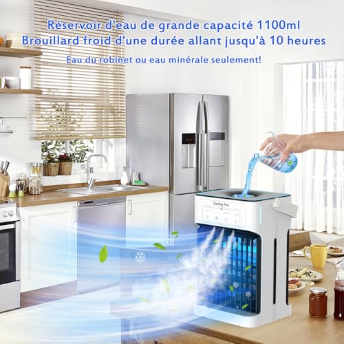 Portable Mobile Air Conditioner, 1100ML Air Cooler with 3 Air Speeds & 3 Cooling Mists, 2-8H Timer & 7 LEDs, USB Mobile Clim for Bedrooms, Apartments and Offices