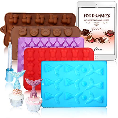 5 Pack Silicone Chocolate Molds Candy Making Mold,Jeteven Fat Bombs Ice Cube,Jelly,Cupcake Baking Mold - Mermaid/Bone/Heart/Cute Animal/Squares Shaped Silicone Molds With a Bonus Dropper