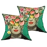 Mulzeart Set of 2,Decorative Throw Pillow Covers for Couch,Sofa,Bed,Frida Kahlo with Floral & Bird Throw Pillow Case,Cushion Cover Linen/Cotton 18 x 18inch