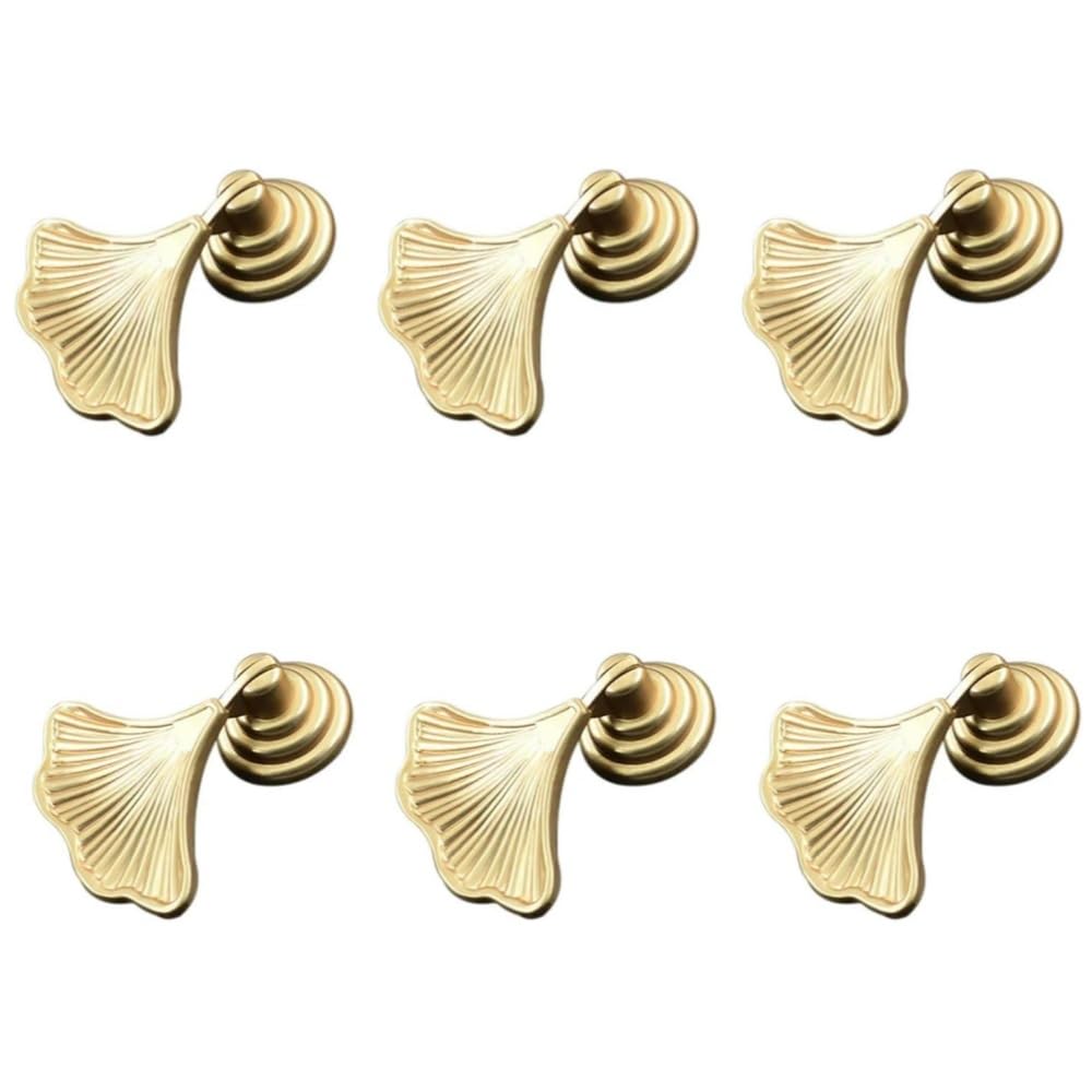 KOMUNJ 6 Pieces Ginkgo Leaf Shape Knob Handles Golden Teardrop Pendant Hardware Drawer Single Hole Handle for Cupboards Drawers Bookshelves Gold