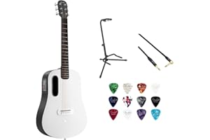KELLARDS LAVA ME PLAY 36 Lite Bag Nightfall Frost White w/Rok-It Tripod Guitar Stand, Kopul Premium Performance Series Right Angle Cable and Celluloid Guitar Picks Shape Medium 12-Pack Bundle