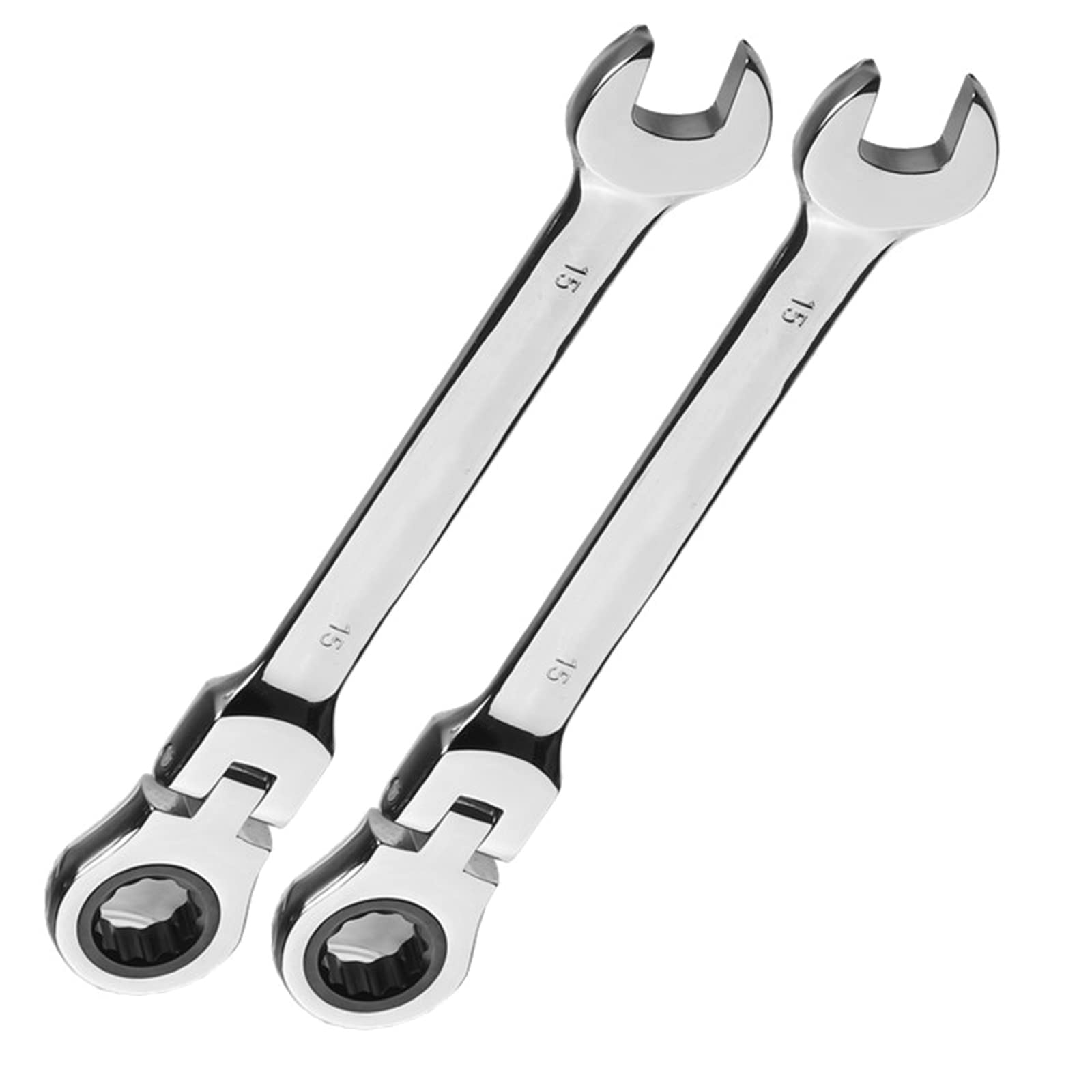 Vokenforu 15mm Ratchet Spanner,2 PCS Ratcheting Combination Wrench, Flex-Head Hardened Chrome Vanadium Steel Open End Spanner Metric