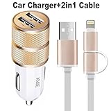 KWE 2 Port 2.1A Dual USB Car Charger and CE Certified 2in1 3ft Apple iphone Lightning to USB Cable & Micro USB to USB Cable for Smart Cell Phones(Gold)