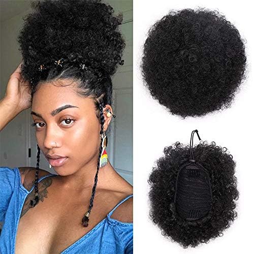 High Puff Afro Curly Wig Ponytail Drawstring Short Afro Kinky Pony Tail Clip in on Synthetic Curly Hair Bun Made of Kanekalon (1B)