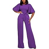 BessCops Womens Loose Short Sleeve Belted Wide Leg Pant Romper Jumpsuit Casual Business One Piece Outfits