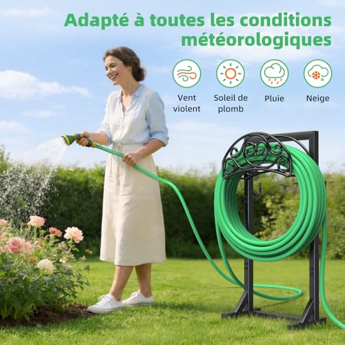 iRhodesy Garden Hose Holder, 109.5 cm Garden Hose Holder 45 m with 2 Tool Hooks and 4 Anchor Tips, Removable and Freestanding Garden Lawn Stand