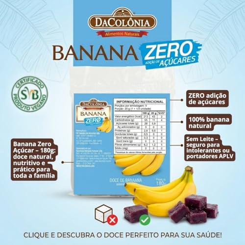 KIT 4x Muito sabor e ZERO AÇUCAR - DaColônia - 2 Bananinha (180g cada) - 2 Pé de Moleque (100g cada), total de 560g de produtos naturais (4 unid.)