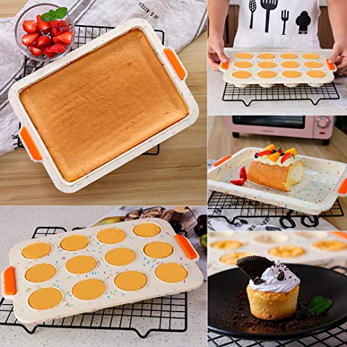 Meichu Non-stick Bake Molds Silicone Bakeware Set of 6, 1 Silicone Muffin Pan 12 Cup, 1 Madeleine Pan 12 cup, 1 Baguette Pan 8 cup, 1 Toast Loaf Pan, 1 Round Cake Pan and 1 Square Cake Pan (Colorful)
