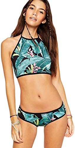 ACHICGIRL Women's Floral Halter Crop Tankini Set Swimwear
