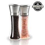 Premium Salt and Pepper Grinder Set of 2- Brushed Stainless Steel Professional Pepper Mill and Salt Mill 5 Grade Precision Ceramic Rotor With Clear 7.5Inch Tall Glass Bottle Hold 6 Oune Spice