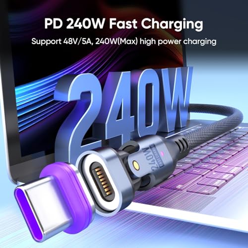 KASTWAVE 240W Magnetic Charging Cable, 180°Rotating USBC to USB C Magnetic Data Cable, Micro USB Magnetic Phone Fast Charger Cable Data Transfer for Laptop/Tablet/Smart phone (6ft)