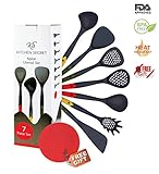 KITCHEN SECRET 7 Piece Nylon Cooking Utensil Set With Colorful Handles- BPA Free, FDA Approved, Dishwasher Safe, Non-Stick, Heat Resistant, Stain Free- Inclusive Of 1 Piece FREE Silicone Pot Holder