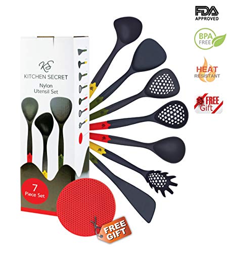 KITCHEN SECRET 7 Piece Nylon Cooking Utensil Set With Colorful Handles- BPA Free, FDA Approved, Dishwasher Safe, Non-Stick, Heat Resistant, Stain Free- Inclusive Of 1 Piece FREE Silicone Pot Holder