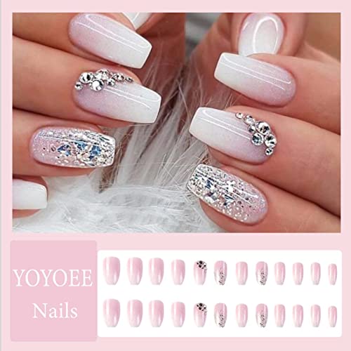 YoYoee Medium Coffin Press On Nails Crystal Gem Design Fake Nails Acrylic Gradient Bling False Nails Reusable Ballerina Stick On Nails for Women and Girls （24 PCS） - Image 2