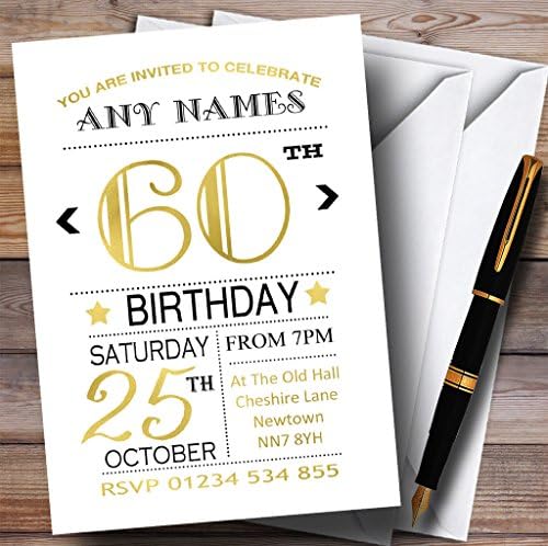 ホワイトブラックゴールド60th Personalized誕生日パーティー招待状 0 Invitations
