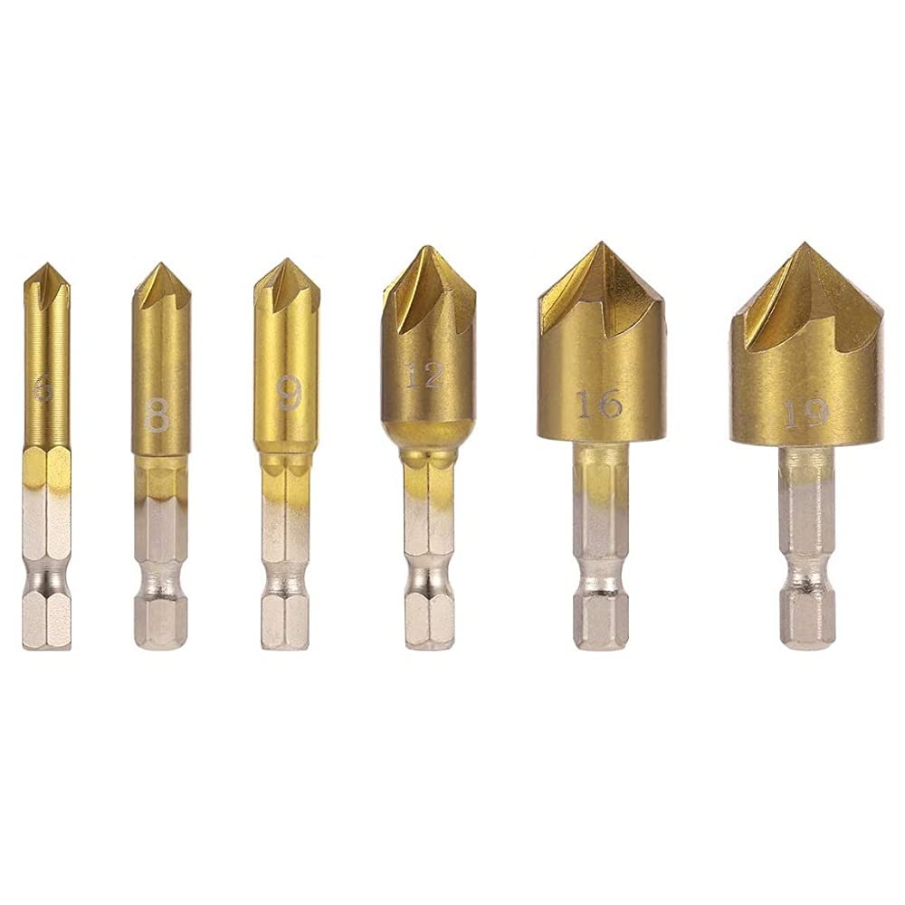Fixinus 6 Piece Countersink Drill Bits Set, 1/4'' Hex Shank HSS 5 Flute Countersink 82 Degree Center Punch Tool Sets for Wood Quick Change Bit 6mm-19mm