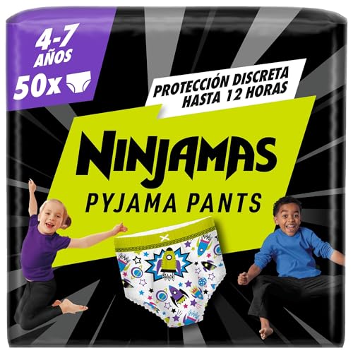Pañal-Braguita Ninjamas, Talla 4-7 años (17-30 kg), 50 pañales tipo braguita, pañal noche con Naves espaciales, Protección Antifugas durante Toda La Noche