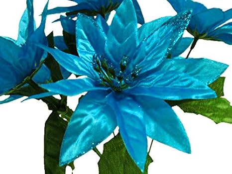 Amazon Com 4 Bushes Turquoise Christmas Glitters Poinsettia Artificial Silk Flowers 12 Bouquet 7 2209 Tq Kitchen Dining