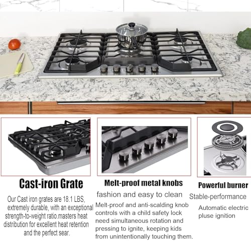 Hothit 5 Burner 34 inch Gas Cooktop - 36000 BTU Stainless Steel Range Top, Convertible Propane/Natural Gas Cooker