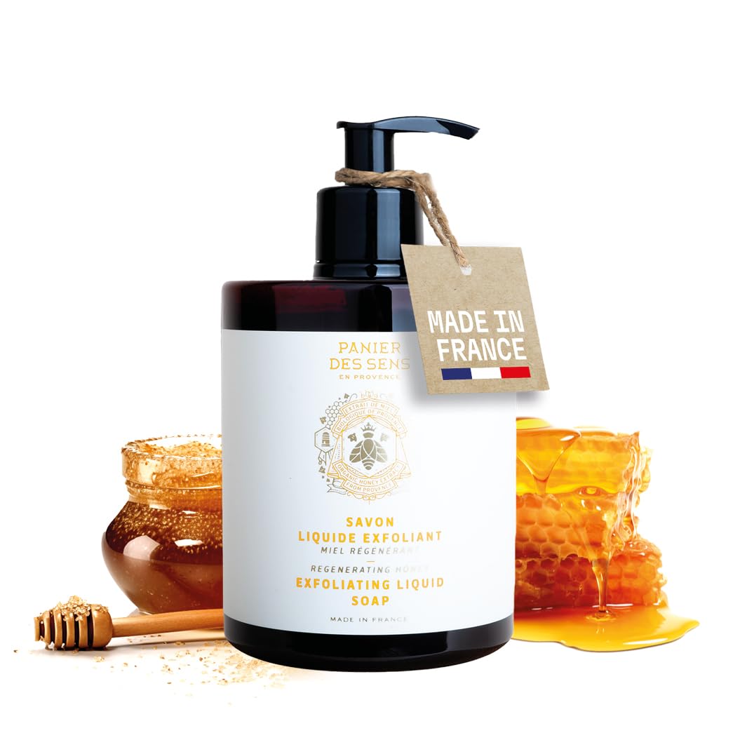 Panier des Sens - Exfoliating Liquid Hand Soap - Honey Foaming Hand Wash – With Honey and Coconut Oil - Savon de Marseille Made in France - Organic Hand Wash 97% Natural Ingredients -500ml