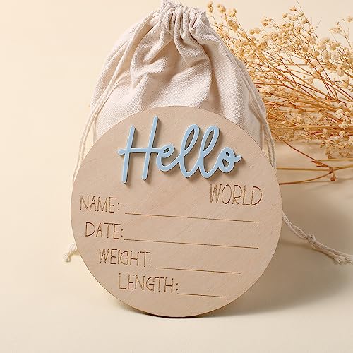 Ylsteed Baby Announcement Signs Baby Milestone Cards Wooden Newborn Photography Props Newborn Baby Birth Announcement Sign Hello World Newborn Sign Baby Shower for Boys and Girls 6 Inch-Blue