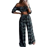 CORAMOON Women Goth Bat 2 Piece Set Halloween Casual Outfit Off Shoulder Crop Top & Wide Leg Pants Set Vacation Set